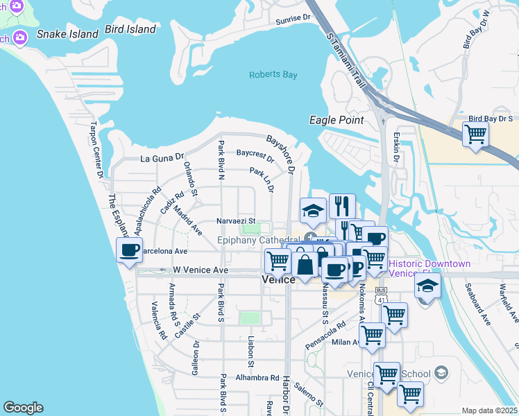 map of restaurants, bars, coffee shops, grocery stores, and more near 308 Parkdale Drive in Venice