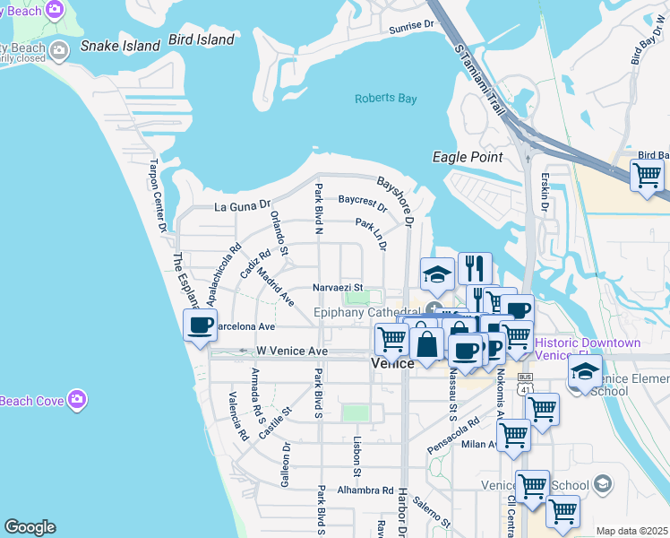 map of restaurants, bars, coffee shops, grocery stores, and more near 309 Parkside Drive in Venice