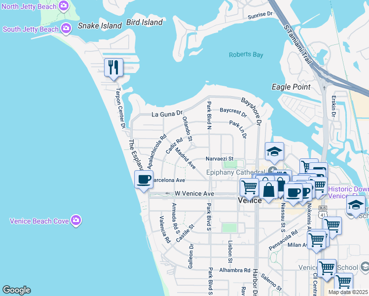 map of restaurants, bars, coffee shops, grocery stores, and more near 624 Armada Road North in Venice