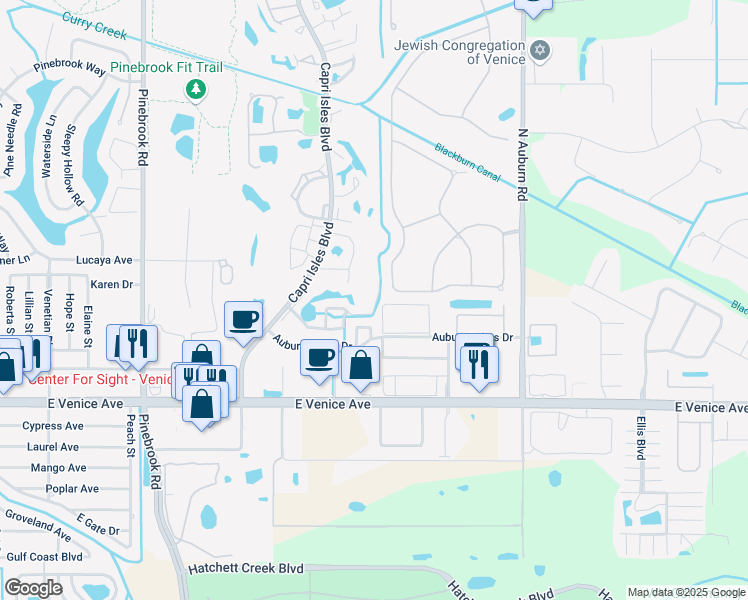 map of restaurants, bars, coffee shops, grocery stores, and more near 904 Gondola Park Drive in Venice