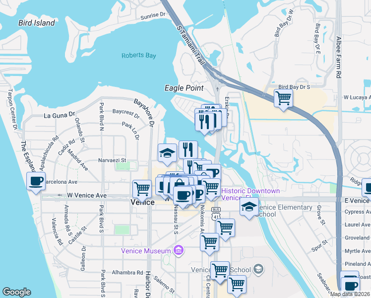 map of restaurants, bars, coffee shops, grocery stores, and more near 309 Nassau Street North in Venice