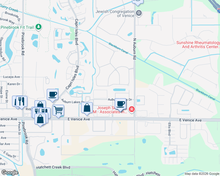 map of restaurants, bars, coffee shops, grocery stores, and more near 1804 Auburn Lakes Circle in Venice