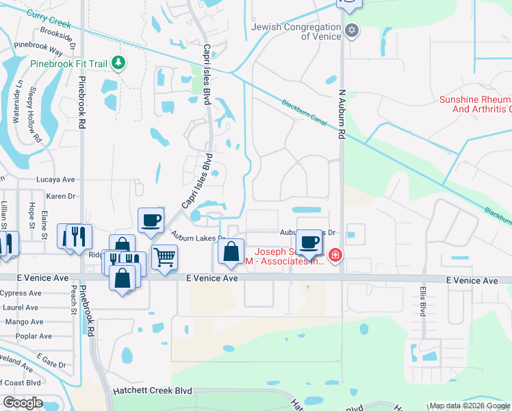 map of restaurants, bars, coffee shops, grocery stores, and more near 904 Gondola Park Drive in Venice