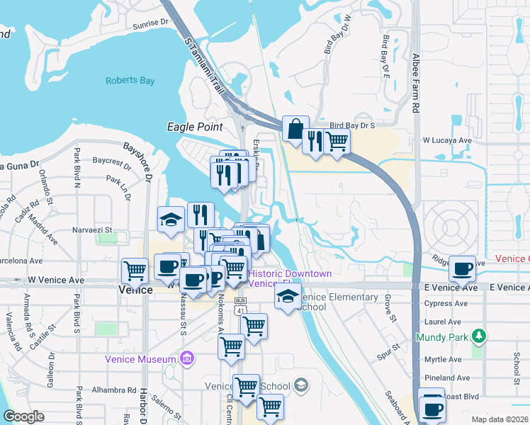 map of restaurants, bars, coffee shops, grocery stores, and more near 146 Bayou Drive in Venice