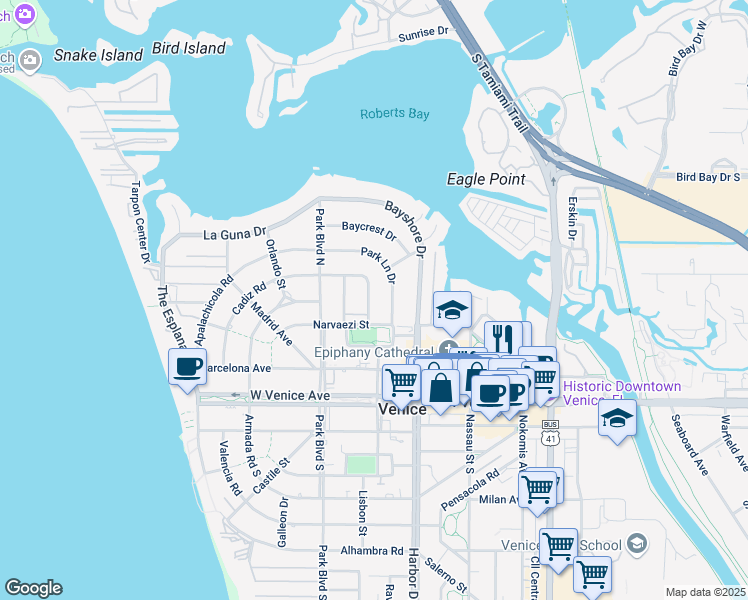 map of restaurants, bars, coffee shops, grocery stores, and more near 312 Parkdale Drive in Venice