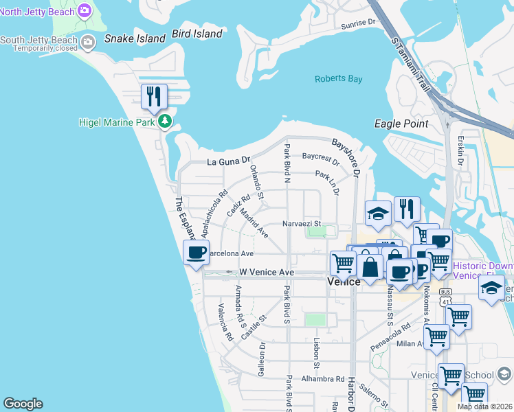 map of restaurants, bars, coffee shops, grocery stores, and more near 624 Armada Road North in Venice