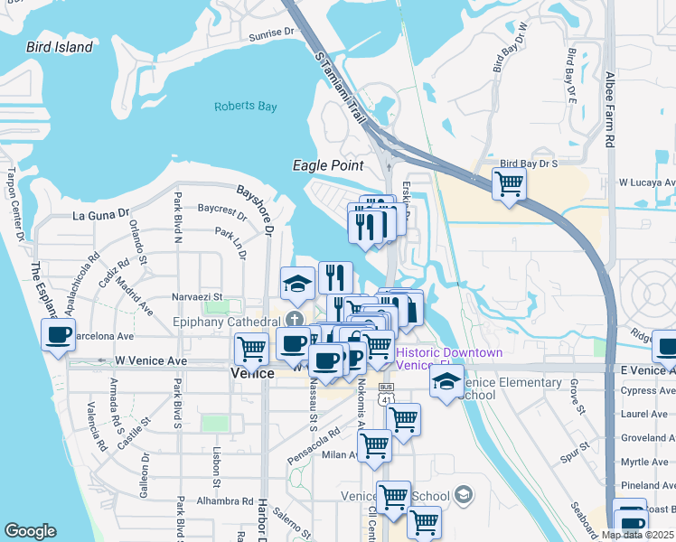 map of restaurants, bars, coffee shops, grocery stores, and more near 260 Santa Maria Street in Venice
