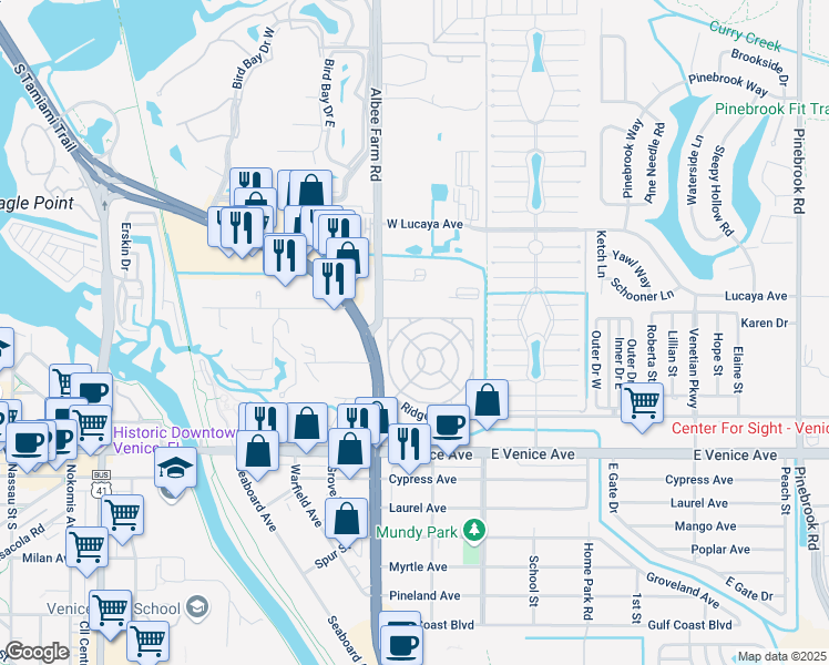 map of restaurants, bars, coffee shops, grocery stores, and more near 351 Allamanda Circle in Venice