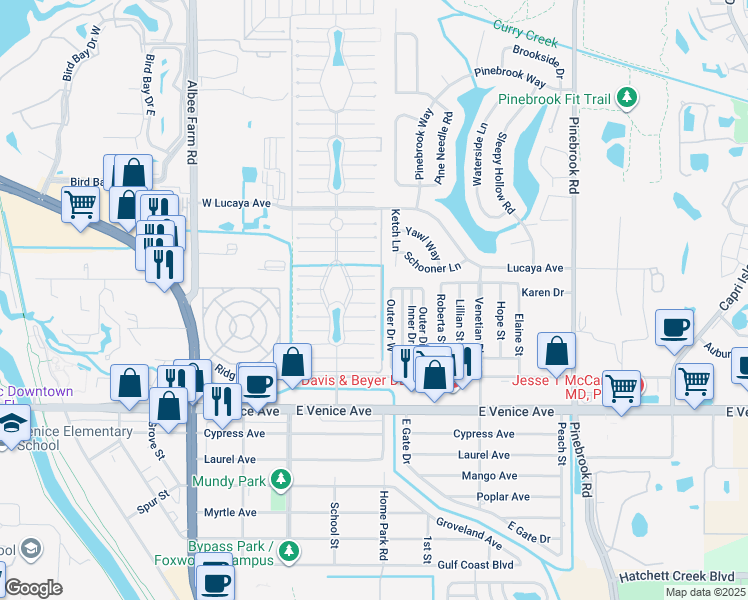 map of restaurants, bars, coffee shops, grocery stores, and more near 969 Eleuthera Street East in Venice