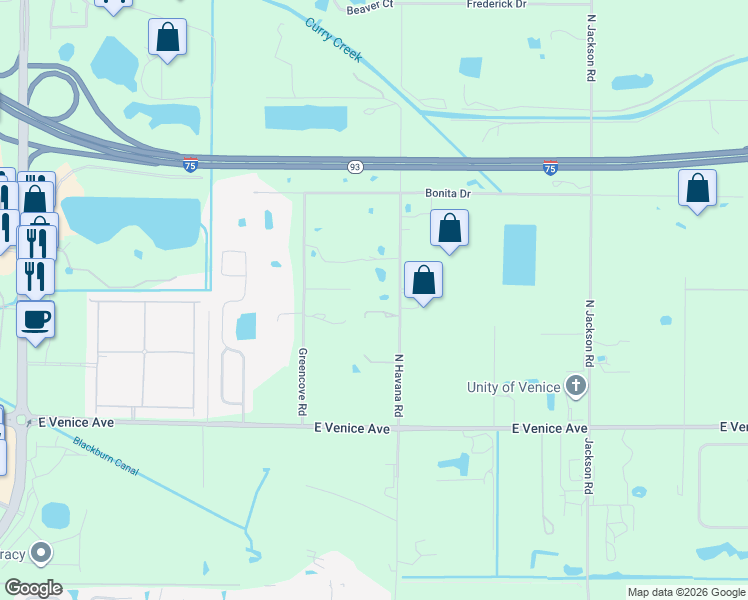 map of restaurants, bars, coffee shops, grocery stores, and more near 245 North Havana Road in Venice