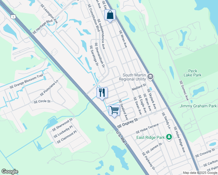 map of restaurants, bars, coffee shops, grocery stores, and more near 6950 Southeast Congress Street in Hobe Sound
