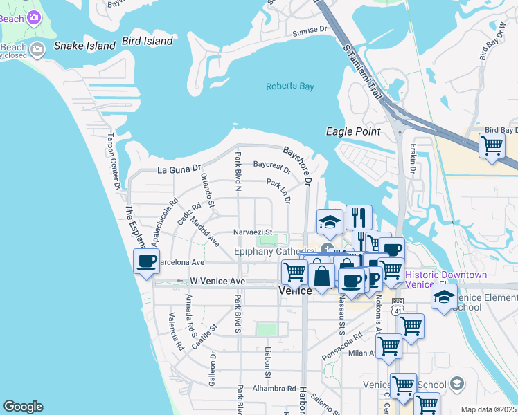 map of restaurants, bars, coffee shops, grocery stores, and more near 316 Parkside Drive in Venice