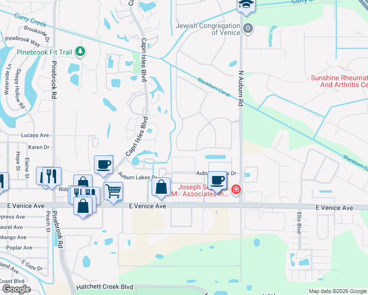 map of restaurants, bars, coffee shops, grocery stores, and more near 1731 Fountain View Circle in Venice