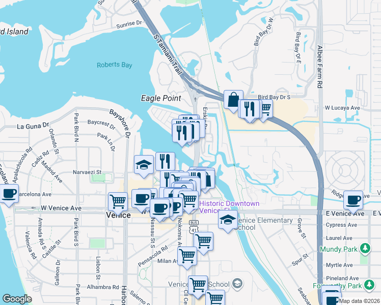 map of restaurants, bars, coffee shops, grocery stores, and more near 509 North Tamiami Trail in Venice