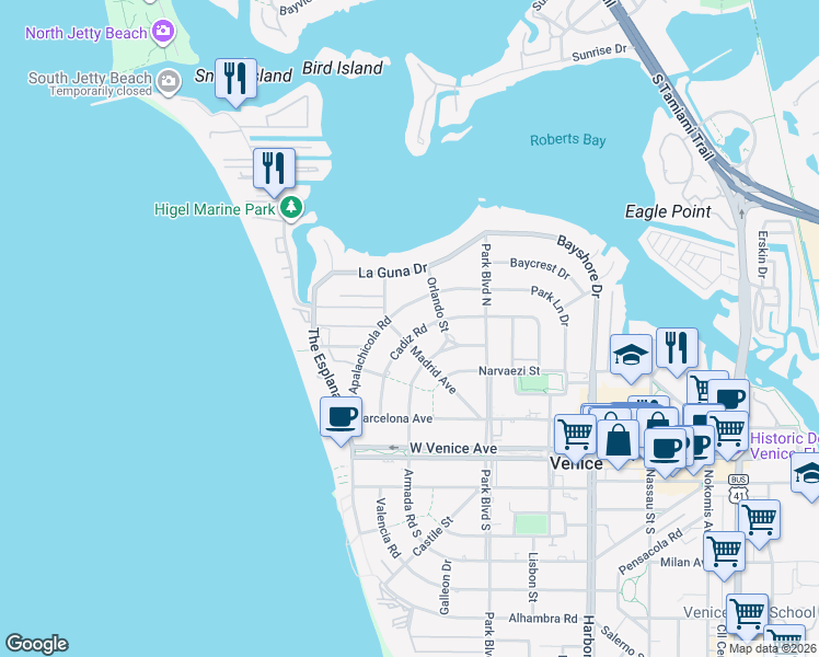 map of restaurants, bars, coffee shops, grocery stores, and more near 633 Apalachicola Road in Venice