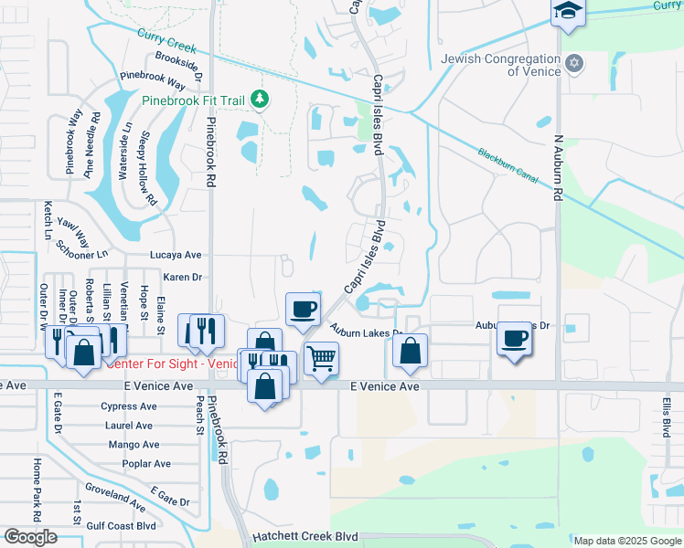 map of restaurants, bars, coffee shops, grocery stores, and more near 629 Ironwood Circle in Venice