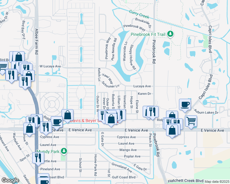 map of restaurants, bars, coffee shops, grocery stores, and more near 1076 Roberta Street in Venice