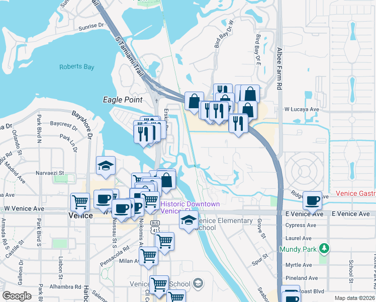 map of restaurants, bars, coffee shops, grocery stores, and more near 430 Hatchett Creek Road in Venice