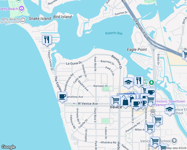 map of restaurants, bars, coffee shops, grocery stores, and more near 616 Cadiz Road in Venice