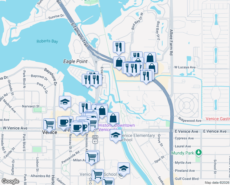map of restaurants, bars, coffee shops, grocery stores, and more near 430 Hatchett Creek Road in Venice
