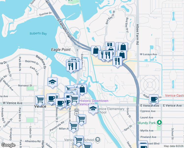 map of restaurants, bars, coffee shops, grocery stores, and more near 430 Hatchett Creek Road in Venice