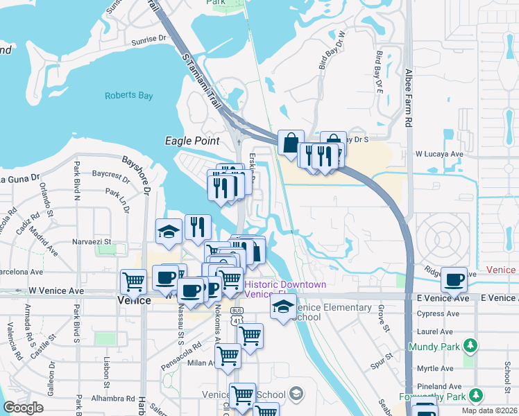 map of restaurants, bars, coffee shops, grocery stores, and more near 165 Morning Star Place in Venice