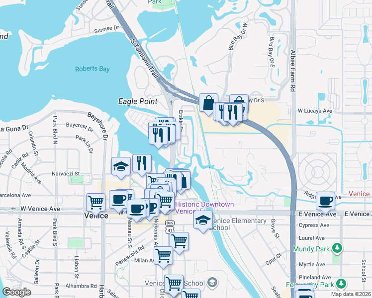 map of restaurants, bars, coffee shops, grocery stores, and more near 165 Morning Star Place in Venice