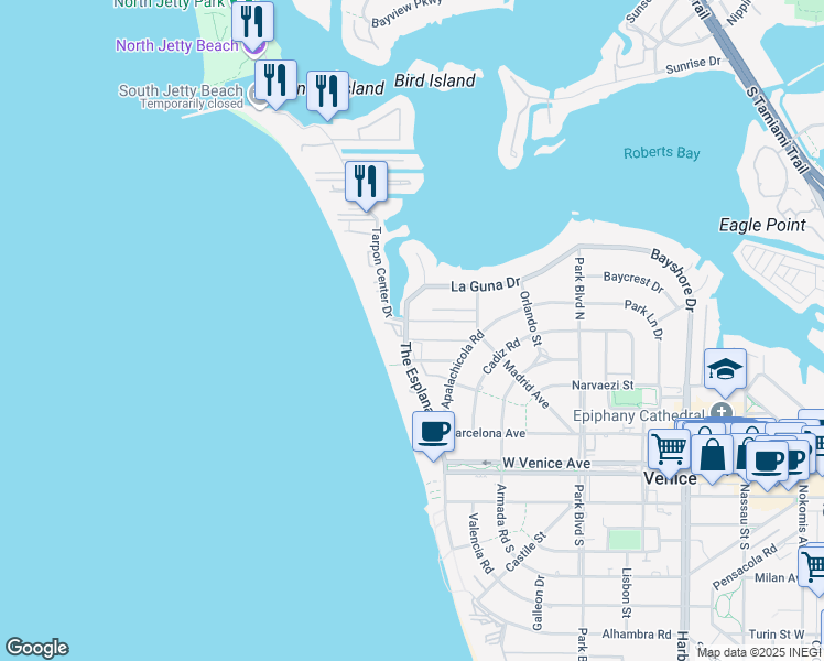map of restaurants, bars, coffee shops, grocery stores, and more near 845 Higel Drive in Venice