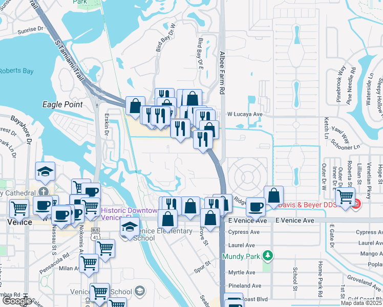 map of restaurants, bars, coffee shops, grocery stores, and more near 670 Substation Road in Venice