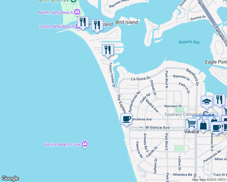 map of restaurants, bars, coffee shops, grocery stores, and more near 840 The Esplanade North in Venice