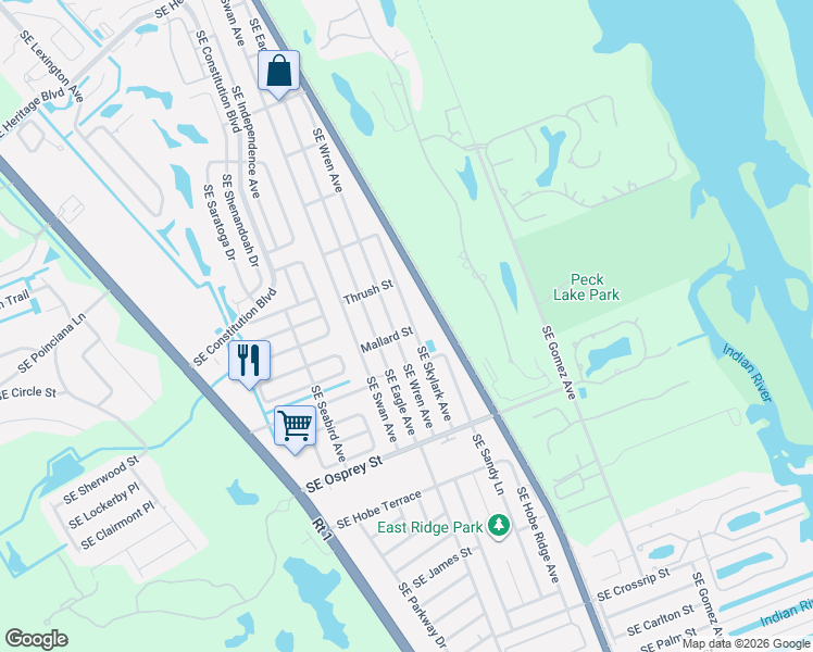 map of restaurants, bars, coffee shops, grocery stores, and more near 8155 Southeast Wren Avenue in Hobe Sound