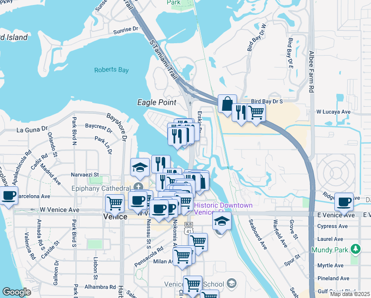 map of restaurants, bars, coffee shops, grocery stores, and more near 509 North Tamiami Trail in Venice