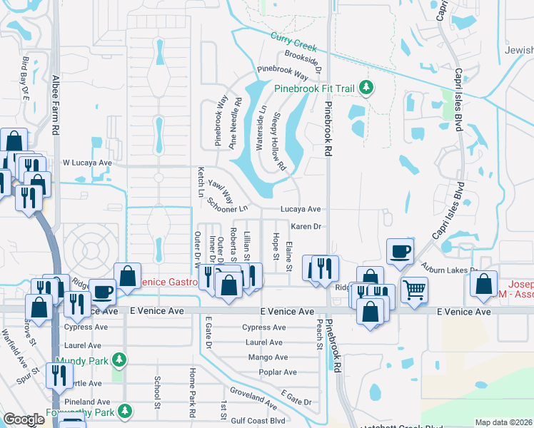 map of restaurants, bars, coffee shops, grocery stores, and more near 1309 Lucaya Avenue in Venice