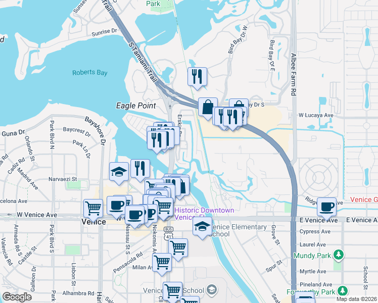 map of restaurants, bars, coffee shops, grocery stores, and more near 169 Morning Star Rd in Venice