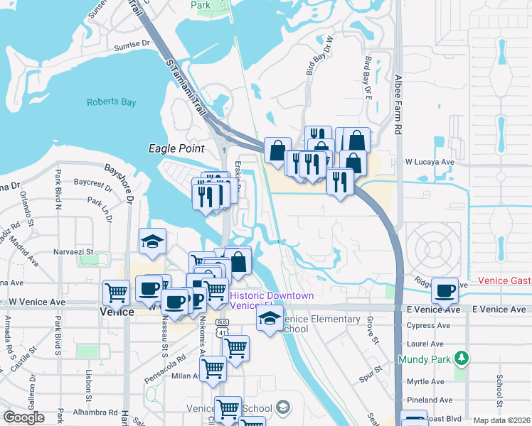 map of restaurants, bars, coffee shops, grocery stores, and more near 430 Hatchett Creek Road in Venice