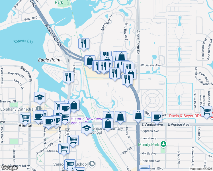 map of restaurants, bars, coffee shops, grocery stores, and more near 483 Substation Road in Venice