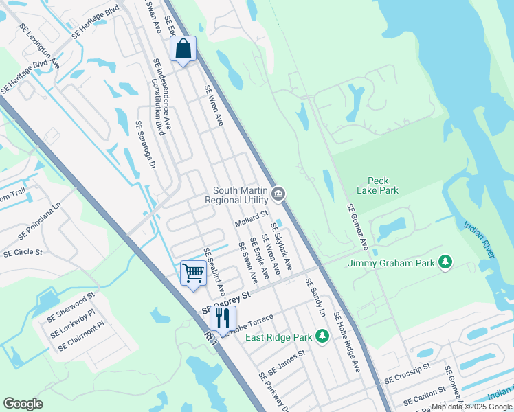 map of restaurants, bars, coffee shops, grocery stores, and more near 8155 Southeast Wren Avenue in Hobe Sound
