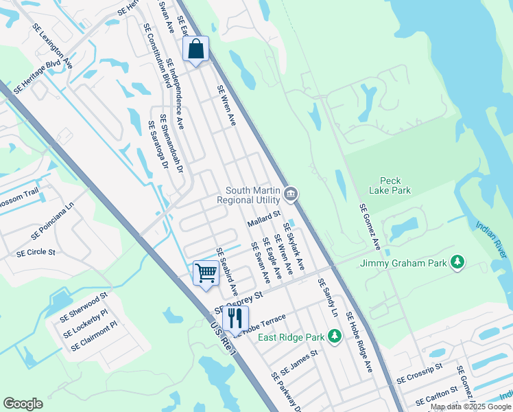 map of restaurants, bars, coffee shops, grocery stores, and more near 8155 Southeast Wren Avenue in Hobe Sound