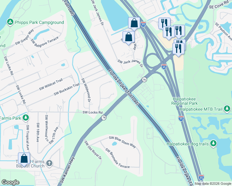 map of restaurants, bars, coffee shops, grocery stores, and more near 992 Southwest Triste Way in Stuart
