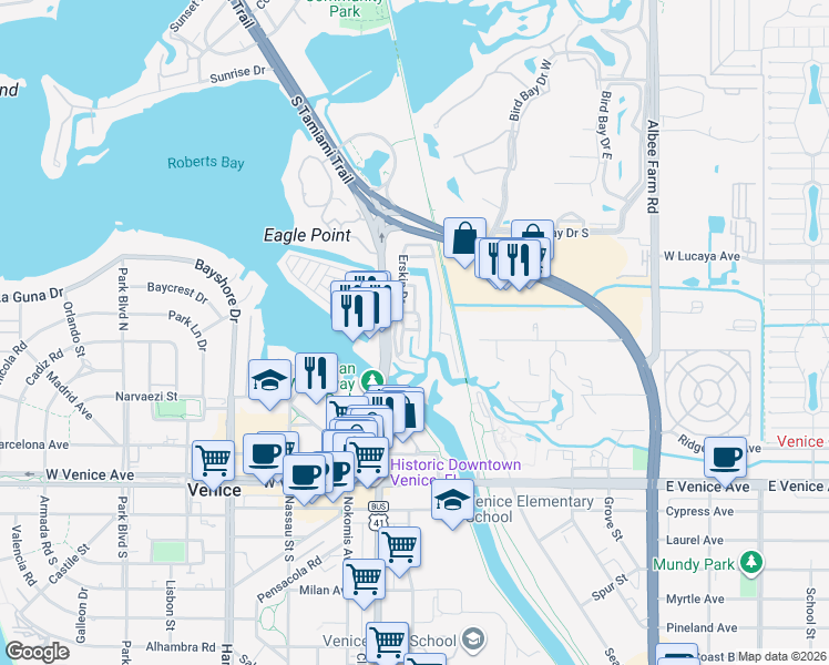 map of restaurants, bars, coffee shops, grocery stores, and more near 165 Morning Star Place in Venice