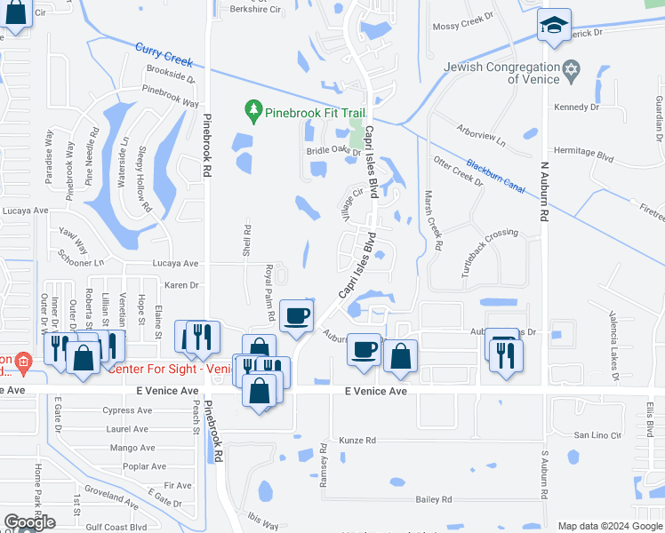 map of restaurants, bars, coffee shops, grocery stores, and more near 629 Ironwood Circle in Venice