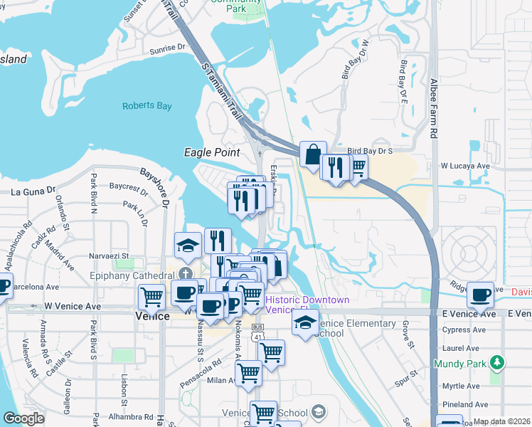 map of restaurants, bars, coffee shops, grocery stores, and more near 509 North Tamiami Trail in Venice