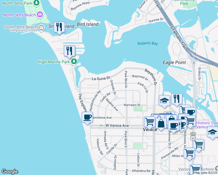 map of restaurants, bars, coffee shops, grocery stores, and more near 633 Apalachicola Road in Venice