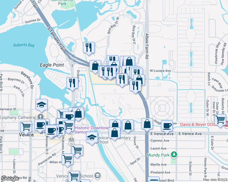 map of restaurants, bars, coffee shops, grocery stores, and more near 483 Substation Road in Venice