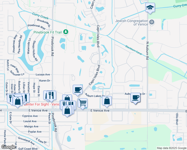 map of restaurants, bars, coffee shops, grocery stores, and more near 603 Ironwood Circle in Venice