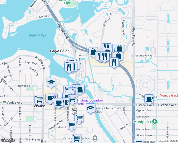 map of restaurants, bars, coffee shops, grocery stores, and more near 430 Hatchett Creek Road in Venice