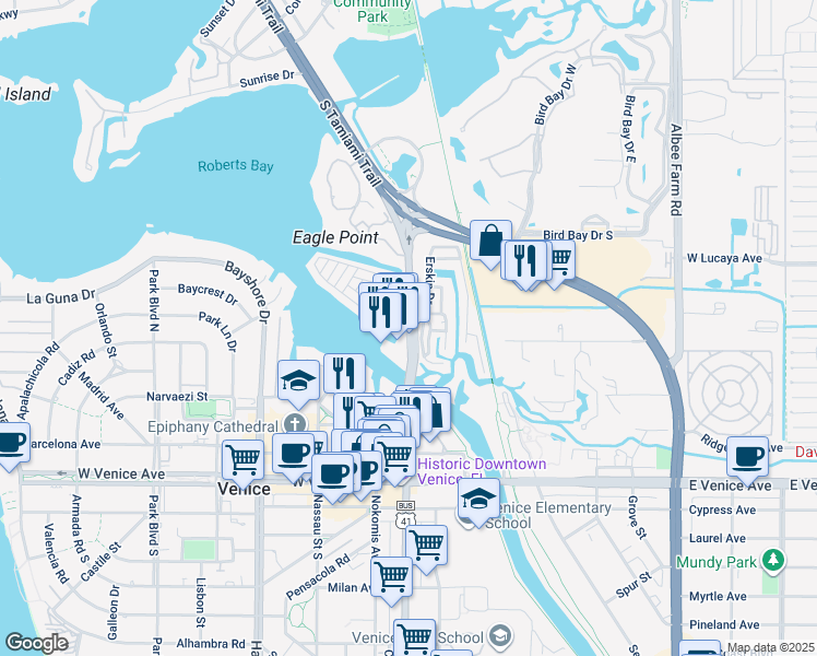 map of restaurants, bars, coffee shops, grocery stores, and more near 509 North Tamiami Trail in Venice