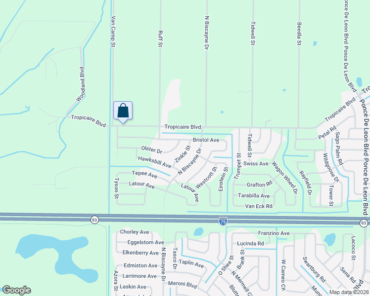 map of restaurants, bars, coffee shops, grocery stores, and more near 5805 Zinkle Street in North Port