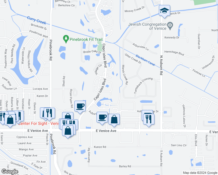 map of restaurants, bars, coffee shops, grocery stores, and more near 740 Avenida Estancias in Venice