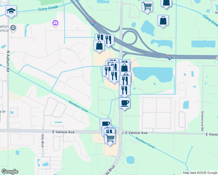 map of restaurants, bars, coffee shops, grocery stores, and more near 111 Grand Oak Circle in Venice
